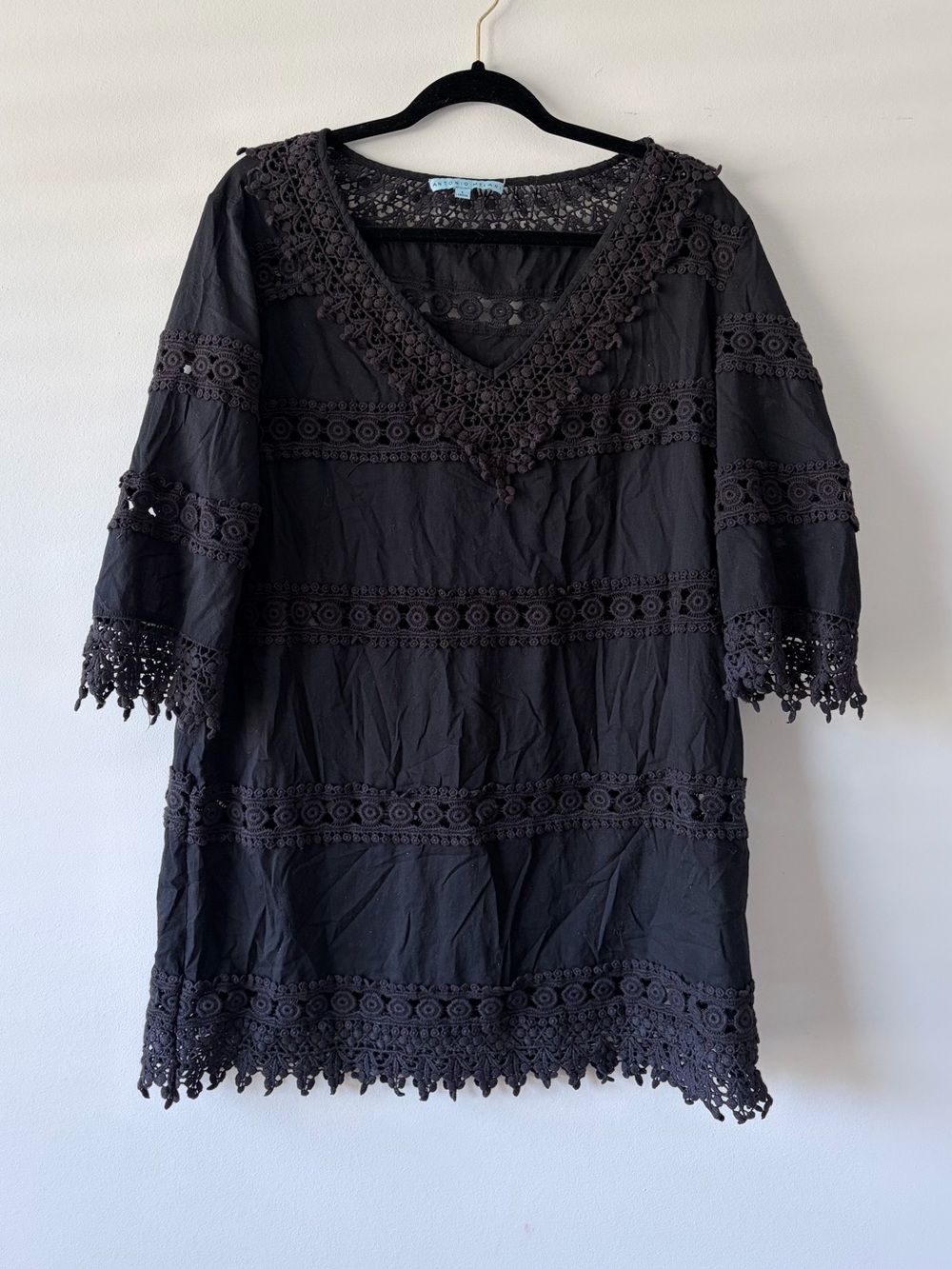 Antonio Melani Black Crochet Lace Boho Shift Dress Large Cotton V Neck Festival